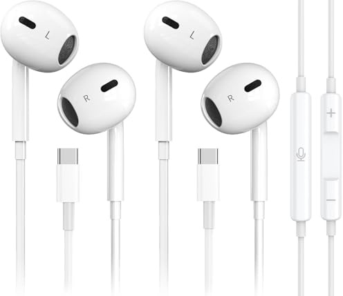 Mutsrd 2 Pack-USB C Headphones for iPhone 17/16/15 Type C Earbuds Wired Earphones with Mic & Remote Control Noise Cancelling for iPad Pro, Galaxy S23/S22/S21/S20/Ultra Note 10/20, Pixel 7/6/6a/5/4