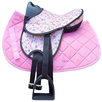 Brama West Kinder Shetty Sattel Set „My Little Pony“ | Sattel für Shetty Pony Holzpferd | mit Satteldecke, Sattelgurt, Steigbügel & Steigbügelriemen | Sattel Flower/Decke Pink