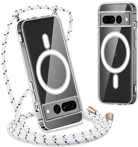 Yoedge Magnétique Collier Coque pour Google Pixel 7 Pro 5G avec Cordon 6,7, [Compatible avec MagSafe] Transparent Réglable Lanyard Necklace Case, Ultra Mince Silicone TPU Antichoc Housse, Blanc