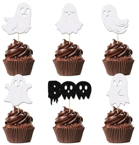 Gleevio 24 Stück Geist Tortendeko Halloween Geburtstag Deko Schwarz Weiß,Glitzer BOO Cupcake Topper Halloween Kuchen Deko aus Papier,Geist Muffin Dekoration Babyparty,Tortendeko Kindergeburtstag