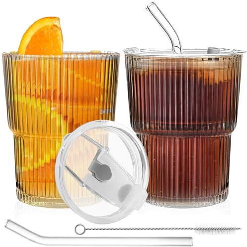 Dinhauyon 2Pcs Iced Coffee Cup, 380ml Glass Tumbler with Lid and Straw, Clear Ribbed Leakproof Tumbler Cup for Smoothies for Iced Coffee Milk Tea Milkshakes Cocktails Tea Smoothies