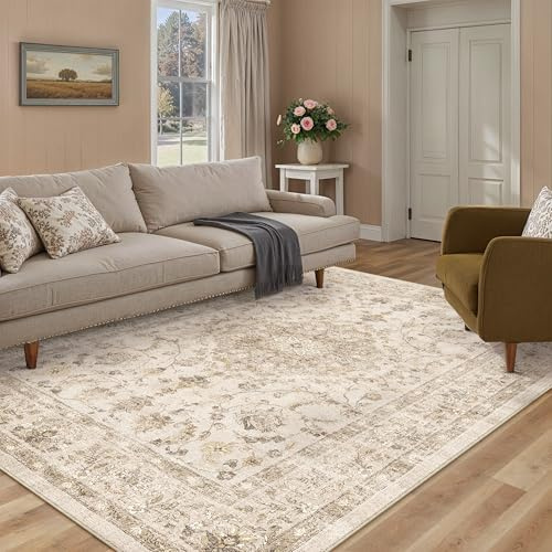 PureCozy Waschbarer Beige Teppich Wohnzimmer 140x200cm Vintage Tepiche | Rutschfest Kurzflor,Weich Teppiche,Wohnzimmerteppich,Schlafzimmer,Esszimmer,Büro,Kinderzimmer