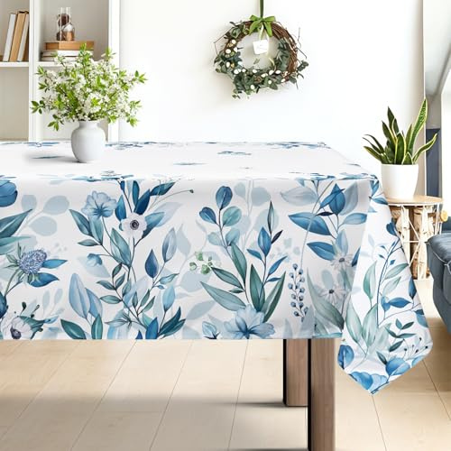 hometrixx Tischdecke Frühling Sommer Blätter Blumen Garten 140x180cm Blau | Tischdecken Abwaschbar,Fleckabweisend,Pflegeleicht,Polyester Tischtuch Rechteckig,für Party Picknick Abendessen Küche Dekor
