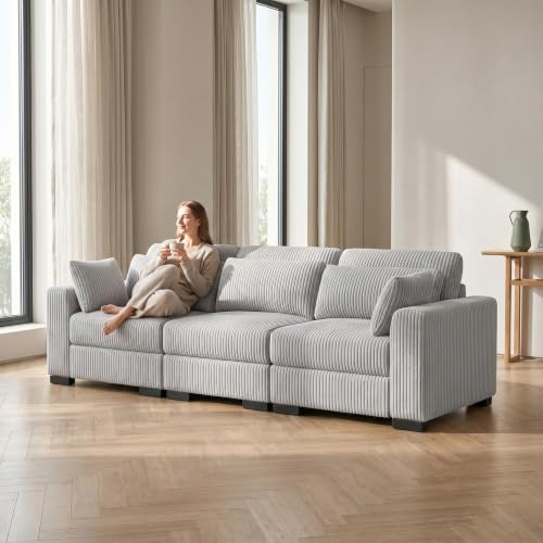 QMTXBYJ Modernes Ecksofa, Sofa 3 Sitzer, Dreisitzer Stoffsofa, Polstersofa aus Cordstoff, Loungesofa Couch, Großes Sektionssofa, Eckcouch Schlafcouch mit Kissen,Modulares Sofa für Wohnzimmer/Wohnung