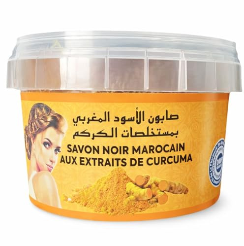 Savon Noir Marocain 250g – Gommage Corps & Hammam – 100% Naturel – Sans Additifs – Fabriqué au Maroc (Curcuma)