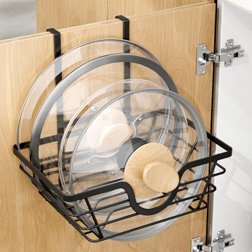 TIDIIABODE Pan Lid Holder for Cupboard, Kitchen Cupboard Organiser Inside Cabinet Door, Adjustable Saucepan Lid Storage Rack for Pot Lids Chopping Boards Baking Trays, Black