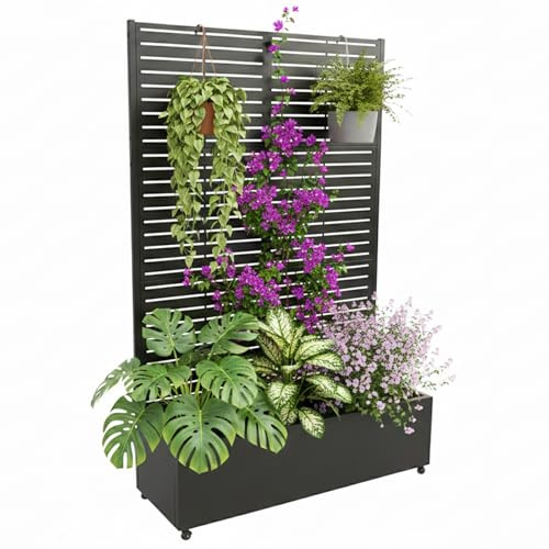 Garvee Metal Planter Box with Trellis, 71.5x47x16 Raised Garden Beds with Trellis and Wheels for Climbing Plants Vegetables, Privacy Screen Planter Box with Drainage Holes for Patio Balcony, Black