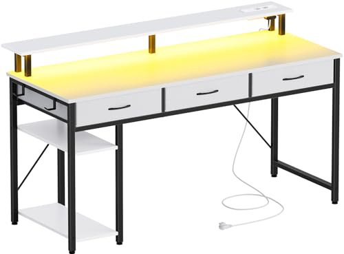 Seventable Schreibtisch mit Schubladen, Computertisch mit Steckdosen & LED, Gaming Tisch mit Monitorständer, Regal & 2 Haken, Gaming Schreibtisch für Büro, Wohnzimmer (Weiß, 137 cm)