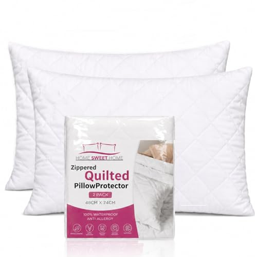 Home Sweet Home UK Zippered Pillow Protectors 2 Pack - 100% Soft & Breathable Microfiber Quilted Pillow Protectors - Hypoallergenic & Noiseless Pillow Case Protectors White 48cm x 74cm