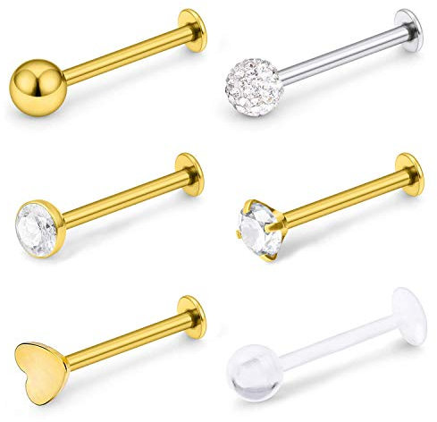 VFUN 16G Chirurgenstahl Labret Studs Monroe Piercing Lippenpiercing Retainer Cartilage Tragus Nail Conch Helix Ohr Barbell Piercing Schmuck mit Diamond CZ für Damen Herren - Gold