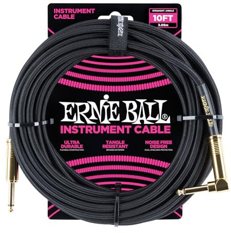 Ernie Ball Cable de instrumentos trenzado recto/ángulo de 3 m - Negro con conectores dorados