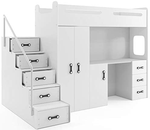 Interbeds Etagenbett Hochbett MAX 4 Größe 200x80cm mit Schrank und Schreibtisch, Farbe zur Wahl inkl. Matratze (weiß)