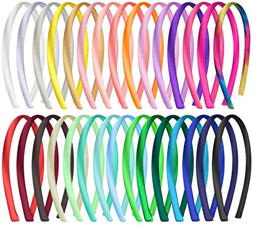 Duufin 30 Stück Haarreifen Satin 1cm Haarreif Stirnbänder für Mädchen Damen, 30 Farben
