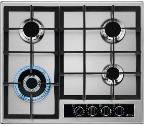 AEG Cocina de gas 6000 Slim Line con quemador wok, 60 cm, 4 quemadores, potencia escalonada, quemador de velocidad, wok potente, encendido integrado, niveles de control de llama 1-9, hierro fundido