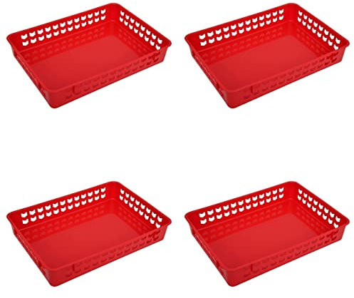 FenixDepot 4 Storage Organizing Multipurpose Plastic Tray Baskets for Home & Office Use 36x26 cm - Set of 4 (Red)