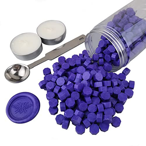 Siegelwachsperlen, AMTOL 300 Stück Wachssiegelperlen mit 2 Stück weißen Kerzen und 1 Stück Wachsschmelzlöffel, ideal für Hochzeitseinladungen, Kartenumschläge, Geschenkverpackungen(Lila)