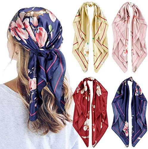 QBSM Lot de 4 grands foulards carrés en satin de soie pour femme 89 cm, Rouge/jaune/bleu marine/rose fleur de pêche, Large