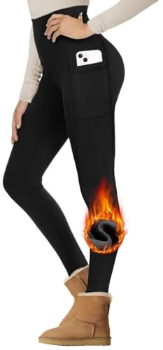 Gayhay Thermo Leggings Damen mit Taschen Gefütterte im Winter, High Waist Thermohose Warm Blickdicht für Sport Schwarze L/XL