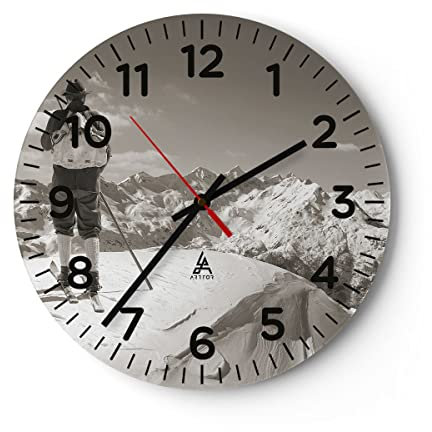 Modern Wanduhr Skifahrer Bayern Sepia 40x40cm Rund Groß Wand Uhr Glas Analog Zimmeruhren Küche Büro Wohnzimmer Glasuhr Wall Clock Dekoration Design Wanddekoration Küchenuhr C4AR40x40-4192