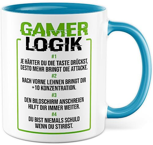 Geschenk Tasse Zocker, Gamer Logik Kaffeetasse für Computerspieler Kaffee-Becher Geschenkidee Teetasse mit Spurch lustig zocken Computer-Spiele Nerd Gaming (Weiß/Blau)