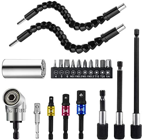 Wiseten 21pcs Cordless Screwdriver Set with Nut Adapter, Magnetic Drill Extension, Angle Screwdriver Attachment, Universal Socket Wrench, Flexible Bit Holder