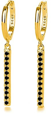 Ohrringe Creolen Gold, Ohrringe Silber 925 Polierter Huggie mit langem Zirkonia-Anhänger Gold Schwarz