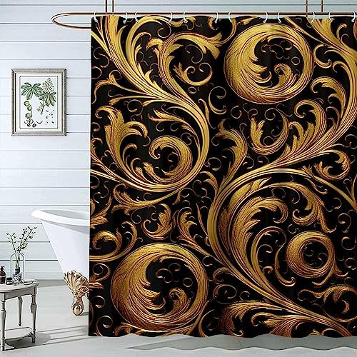 JOSUE Duschvorhang Gold, Schwarz duschvorhang Wasserabweisend Badewanne Vorhang aus Polyester Waschbar Badvorhang mit 12 Duschvorhängeringen - 180x200cm
