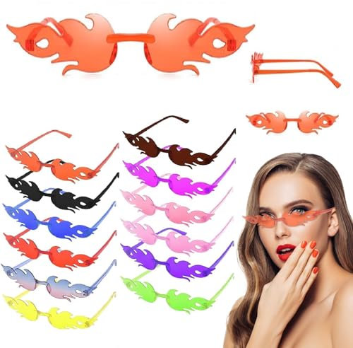 HENGBIRD Flammen Sonnenbrille, 12 Flammen Brillen Randlose Bunte Brillen Flammen, Sonnenbrille Bunt, Lustige Sonnenbrille, Party Brille, Lustige Brille für Maskerade Party Dekoration