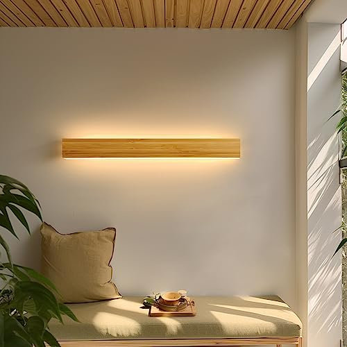 LED Wandleuchte Innen Holz Wandlampe Bambus Holz Lange Wandleuchte 24W WarmWeiß 3000k Lampe Holz Modern Wandbeleuchtung Für Schlafzimmer Wohnzimmer Flur Treppenhaus Innenbeleuchtung Nachtlampe,80cm