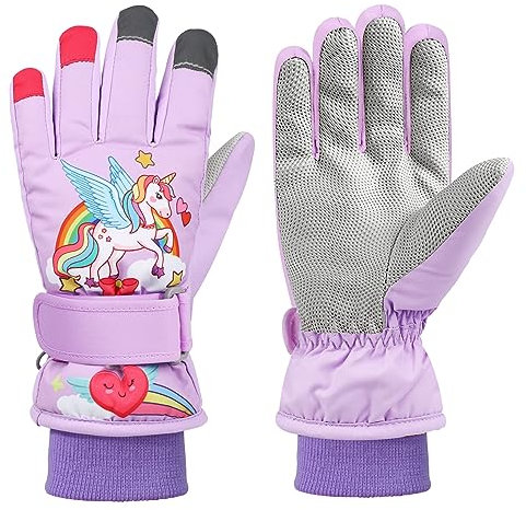QKURT Kinder-Skihandschuhe, Dicke warme Winterhandschuhe, Winddichte Schneefäustlinge, Kinder-Einhorn-Skihandschuhe, Handschuhe für kaltes Wetter für 2–13 Jahre