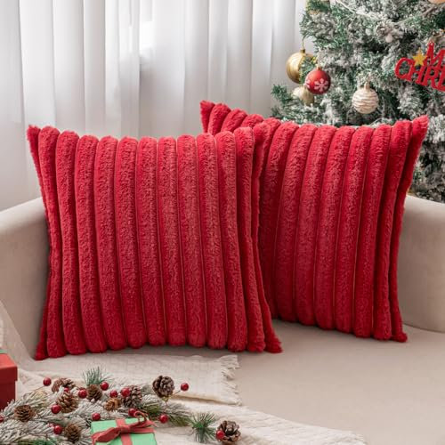 MIULEE Plüsch Samt Kissenbezug Kunstpelz Weich Moderne Sofakissen Dekokissen Glatter Reißverschluss Waschbar Deko Kissenhülle für Wohnzimmer Schlafzimmer Sofa 2er Set 50x50 cm Rot