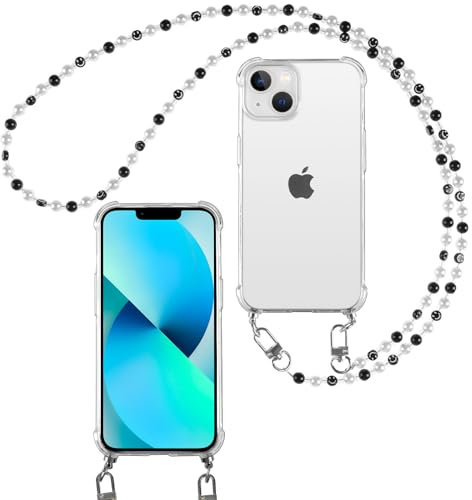 Pnakqil Coque pour iPhone 12/12 Pro 6.1 avec Cordon, Silicone TPU Etui de Smile Perles Corde Collier, Antichoc Bumper Housse avec Cordage Crossbody Chaîne Lanyard Case, Transparent