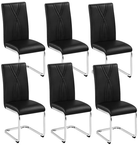 Yaheetech Lot de 6 Chaises Cantilevers Chaises de Salle à Manger en Similicuir Chaises de Cuisine avec Pieds Métalliques Haut Dossier Design Contemporain pour Salon Bureau Chambre Noir