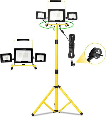 Viugreum LED Baustrahler 100W Led Strahler mit Stativ bis zu180cm 6500K Einstellbare Richtung 8000lumen Arbeitsscheinwerfer 230V Kaltweiss Scheinwerfer IP65 Fluter mit Stecker 3m Kabel für Baustellen