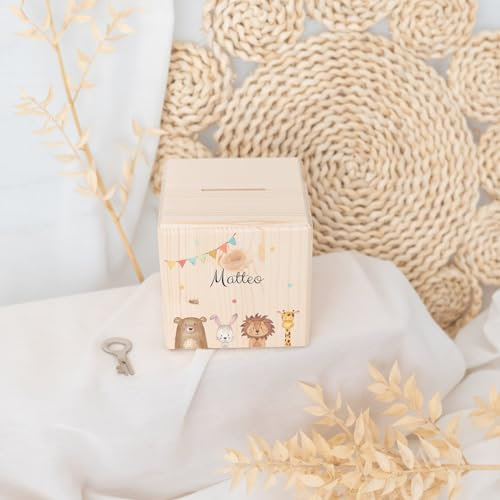 wunderwunsch® - Personalisierte Spardose Kinder aus Holz mit Metallschloss - Spardose mit Namen mit kinderfreundlichem UV-Druck zum Sparen für Kinderträume