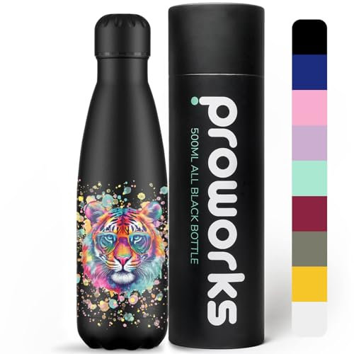 Proworks Performance Stainless Steel Sports Water Bottle | Double Insulated Vacuum Flask | 12 Hours Hot & 24 Hours Cold Drinks - Great for Home Work Gym & Travel - 500ml Tiger Paint Splatter - Black