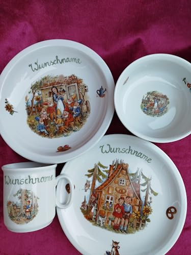 personalisiertes Porzellan-Kinder-Geschirr 4teilig (Dekor Märchen) mit Wunschname. Wunschname an: info@porzellanschoenknecht.de senden.