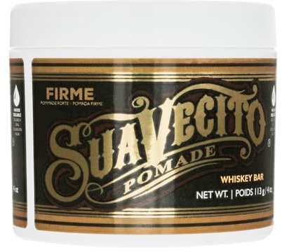 Suavecito Pomade Firme (Strong) Hold Whiskey Bar Scent 4 oz - Pomade For Men - Medium Shine Water Based Wax Like Flake Free Hair Gel - Easy To Wash Out - All Day Hold For All Hair StylesF