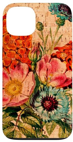 Hülle für iPhone 13 Botanische Blumen Etui Kork Holzmaserung Design Druckeffekt