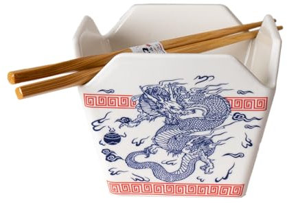 Urban Tokyo Chinese Takeout Box Style Porcelain Bowl With Chopsticks 18 fl oz Square Box Shape Rice Noodles Pasta To Go Box Shaped Bowl Microwave Dishwasher Safe (Oriental Dragon)