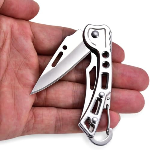 JPCRMOV Mini Klappmesser Taschenmesser Zweihandmesser, Outdoor klein Messer Edelstahl mit Schwanzschnalle Karabiner Clip - Klingenlänge 5cm - Gewicht 39g