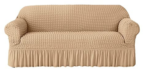 Stretchable Sofa Cover Elastic Fitted Slipcover for 2 Seater Sofa Durable Washable High Elasticity (Beige)