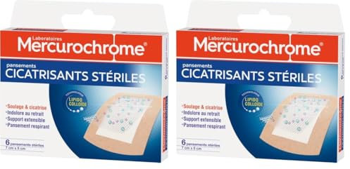 MERCUROCHROME - Pansements Cicatrisants Stériles - Soulage et Cicatrice - Indolore au retrait - Support extensible - Pansement Respirant - x6-7cm x 5cm - Technologie Lipido Colloïde (Lot de 2)