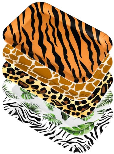 Rtteri 5 Pcs Jungle Safari Wild Animal Platter 12 x 8 Inch Jungle Zoo Animal Print Plates Tray Wild Animal Party Supplies for Jungle Safari Themed Baby Showers Birthday Party Decorations
