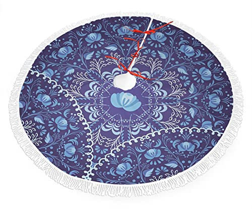Blumendesign, Weihnachtsbaumrock mit Quasten-Schnürung, kreisförmig und floraler orientalischer Stil, für Weihnachtsbaumschmuck und Ornamente, Blau-Weiß, 76 cm