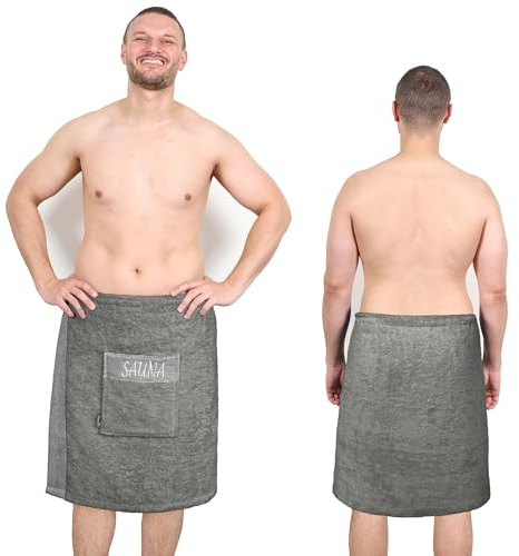 Lashuma Saunakilt Herren Lima 55x140 cm Grau, Saunatuch mit Klettverschluss | 450 gsm Frottee aus 100 % Baumwolle, verstellbar mit Gummizug, Tasche, Stickerei, OEKO-TEX, 60 °C waschbar, trocknergeeignet