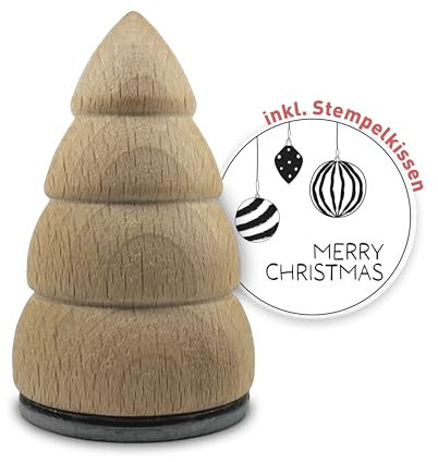 Weihnachtsstempel in Tannenbaum-Optik – Unlackiert, 4 cm Durchmesser, 6,8 cm Höhe inkl. Stempelkissen, Christbaumkugeln - Merry Christmas
