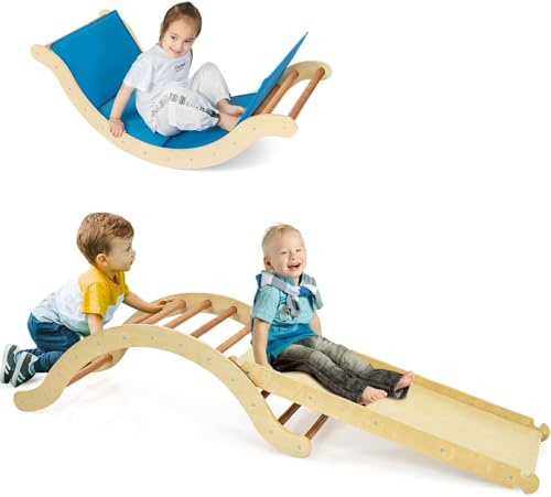 FANTASK 3 in 1 Kletterbogen mit Rutsche, Kletterdreieck aus Holz mit wendbarer Rampe, Indoor-Klettergarten zum Rutschen, Klettern & Wippen für Kinder ab 1 Jahr, Natur