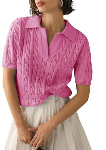 LACOZY Knitted Sweater Shirts for Women Summer Tops Short Sleeve Knitted Blouses Casual V Neck Tshirts Pink XL