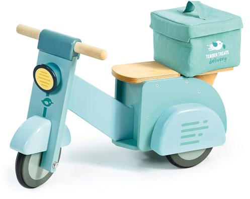 Tender Leaf Toys - Delivery Scooter - Wooden Ride-On Toy for Toddlers with Rubber Trimmed Wheels - Role-Play Scooter with Canvas Bag - Develop Social, Language and Gross Motor Skills - Age 2+